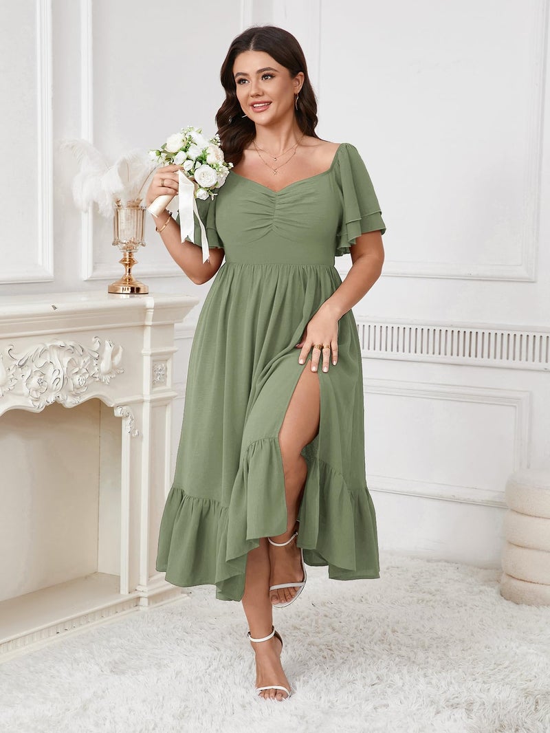 SCOMCHIC Womens Plus Size Wedding Guest Cocktail Dresses Sweetheart Neckline Short Sleeve Smocked Ruffle Slit Maxi Dress Green - Image 4