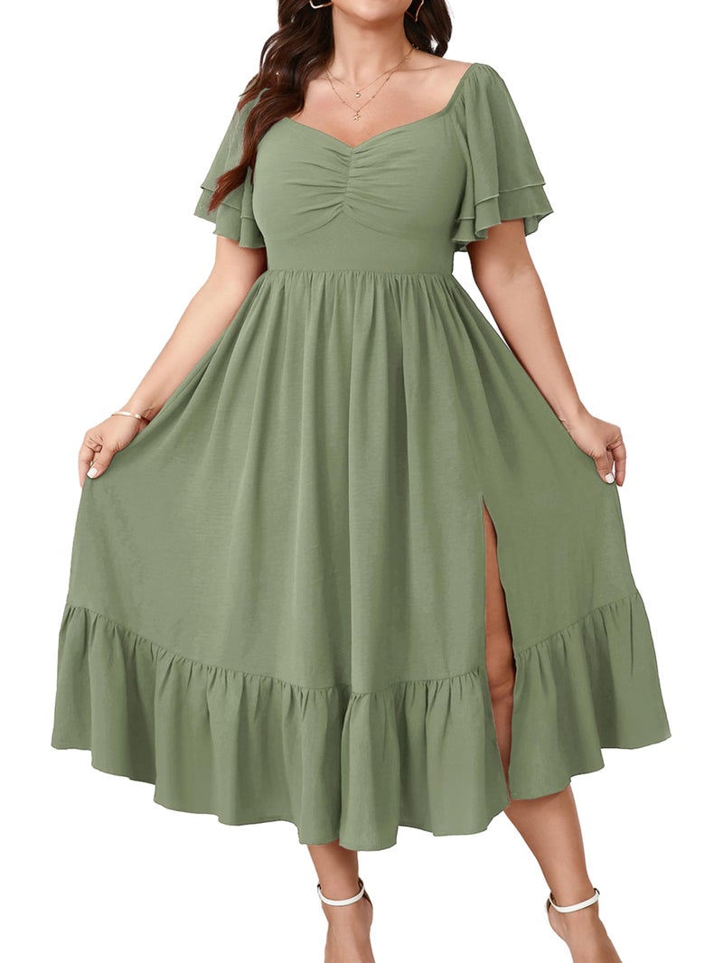 SCOMCHIC Womens Plus Size Wedding Guest Cocktail Dresses Sweetheart Neckline Short Sleeve Smocked Ruffle Slit Maxi Dress Green - Image 1