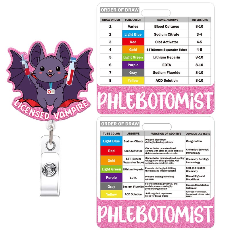 MENIFEND Phlebotomy Badge Reel and Order of Draw Badge Card, Cute Bat Retractable ID Holder and Buddy Card with Order of Draw Reference, Phlebotomist Work Accessories Gift - Image 1