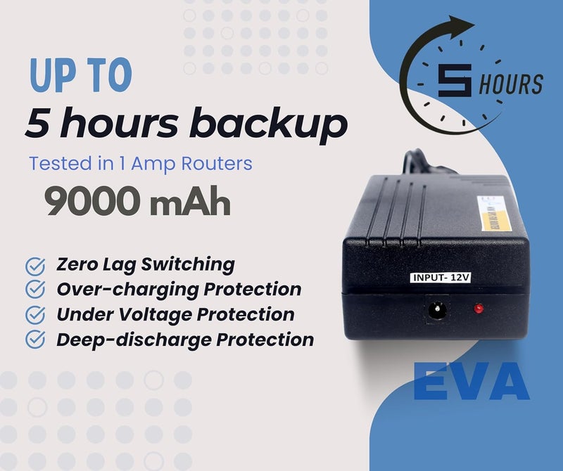 EVA ELETRONICS EVA Mini UPS for 2 Routers+ONU | Dual Output 12V + 9V | Uninterrupted Power Backup for All Brand Wi-Fi Router + ONU/Modem + Router Setup | 3-6 hours Backup |3*2900mAh Lithium ion long life Battery 3c - Image 4