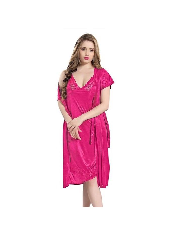 Accessorize Kingdom Women Satin Short Nighty with Lace & Robe  - Image 1