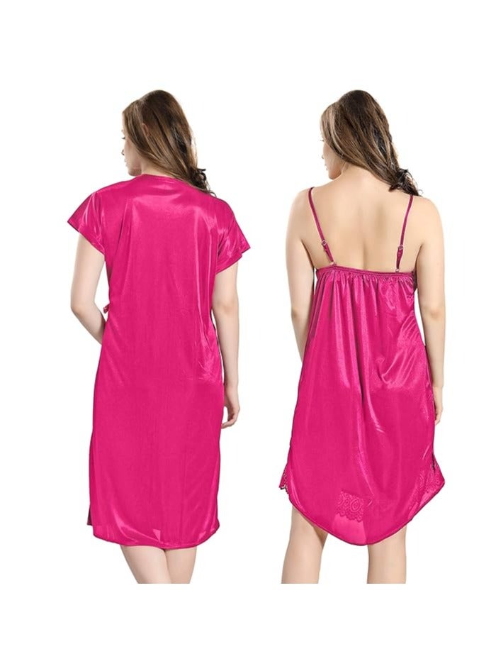 Accessorize Kingdom Women Satin Short Nighty with Lace & Robe  - Image 2
