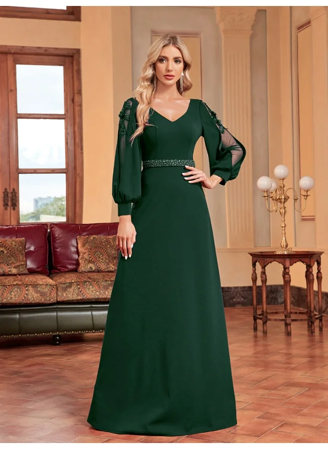 Madam Uniq Dark Green European and American Style New Long Sleeve V-Neck Beaded Mermaid Evening Dress for Bridesmaids and Parties