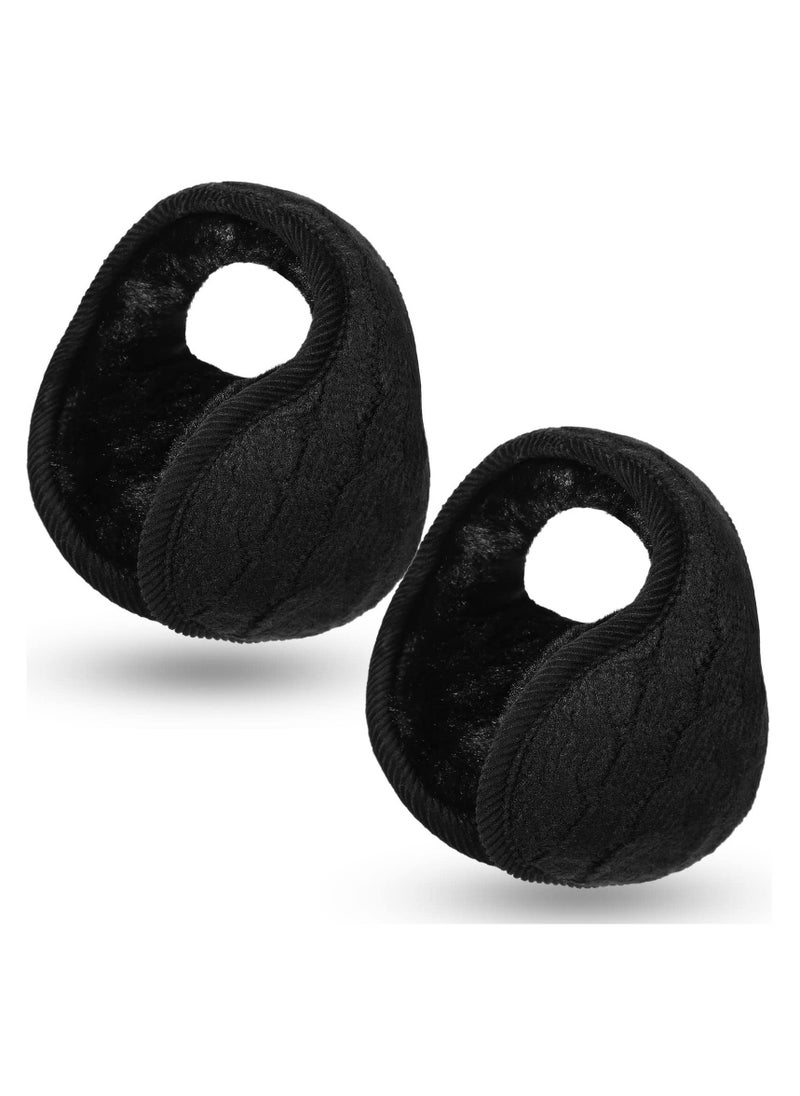 2 Pieces Foldable Ear Warmers Adjustable Knitted Earmuffs with Fuzzy Fleece Lining Unisex Furry Winter Earmuffs (Black) - Image 1