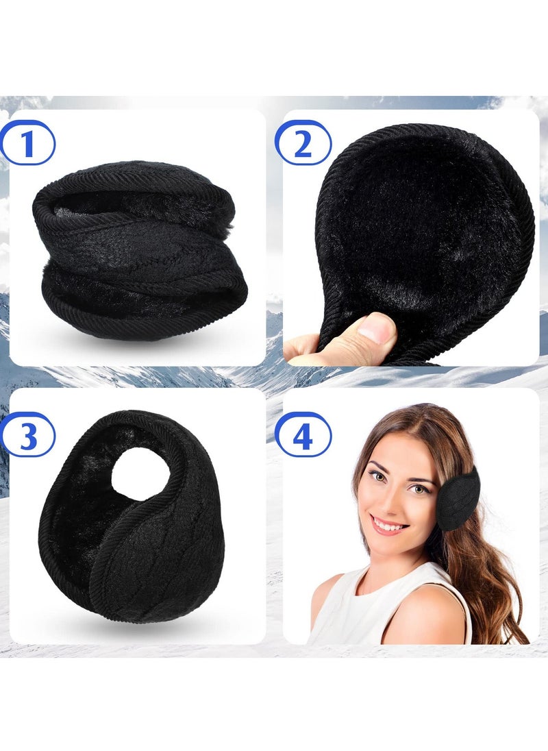 2 Pieces Foldable Ear Warmers Adjustable Knitted Earmuffs with Fuzzy Fleece Lining Unisex Furry Winter Earmuffs (Black) - Image 3