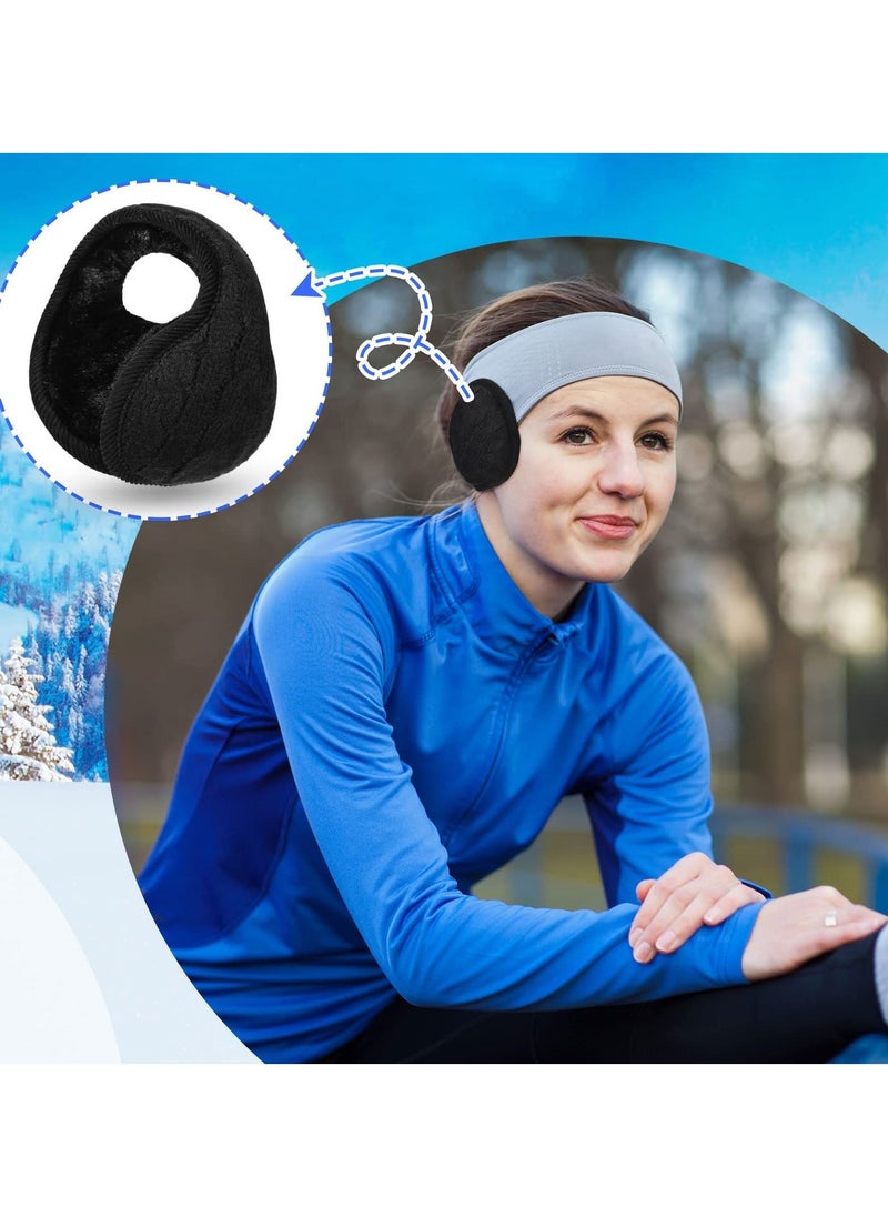 2 Pieces Foldable Ear Warmers Adjustable Knitted Earmuffs with Fuzzy Fleece Lining Unisex Furry Winter Earmuffs (Black) - Image 2