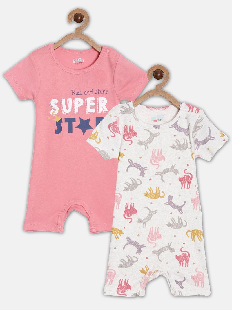 Broon Infant Boys Pink and Off White Printed Organic Cotton Rompers Pack of 2 - Image 1