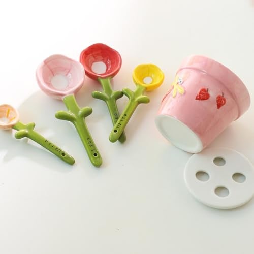hobbyme Sunflowers Measuring Spoons and Cups Set, Cute Ceramic Measuring Spoons, Baking Sunflowers Measuring Spoon with Holder for Milk Powder Sugar Salt Wet Dry Ingredients - Image 2