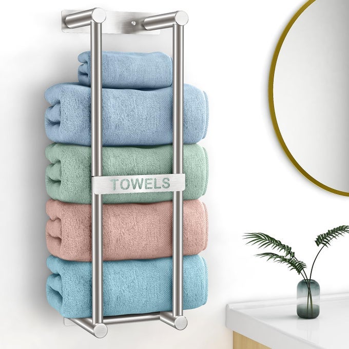 TOWEL RACK WALL MOUNTED BATH TOWEL HOLDER 56CM BATHROOM TOWEL HOLDER FOR 4 LARGE BATH SHEETS ROLLED TOWELS STORAGE FOR SMALL BATHROOM ORGANIZER BRUSHED