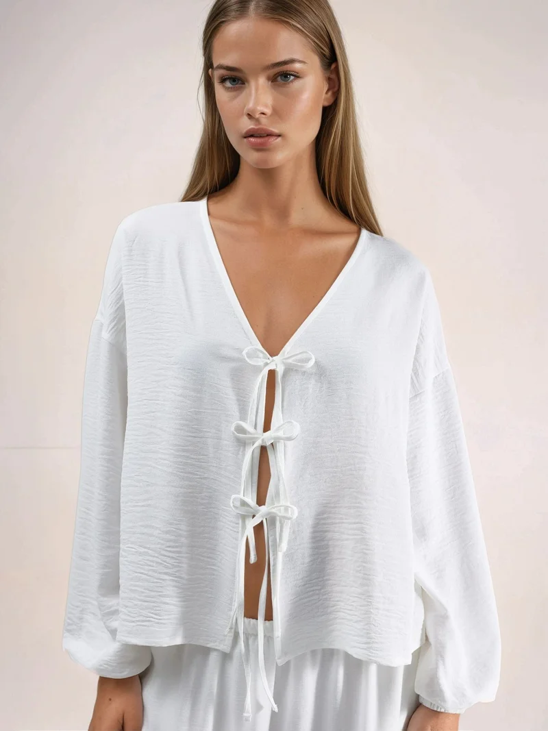 هيكاب Oversized V-Neck Tie Closure Blouse