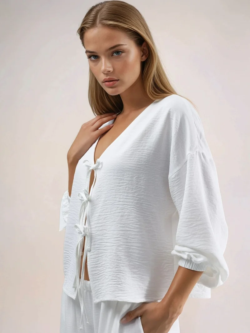 هيكاب Oversized V-Neck Tie Closure Blouse