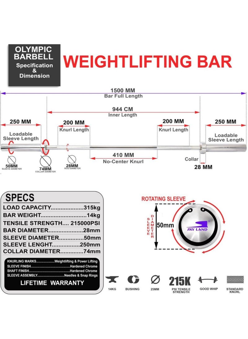 Sky Land Olympic Rod Bar, 1.5M Solid Steel Barbell with Chrome Finish for Powerlifting & Olympic Lifting, Compatible with 5 cm Weight Plates  - Image 2