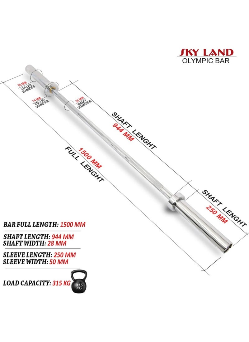 Sky Land Olympic Rod Bar, 1.5M Solid Steel Barbell with Chrome Finish for Powerlifting & Olympic Lifting, Compatible with 5 cm Weight Plates  - Image 5