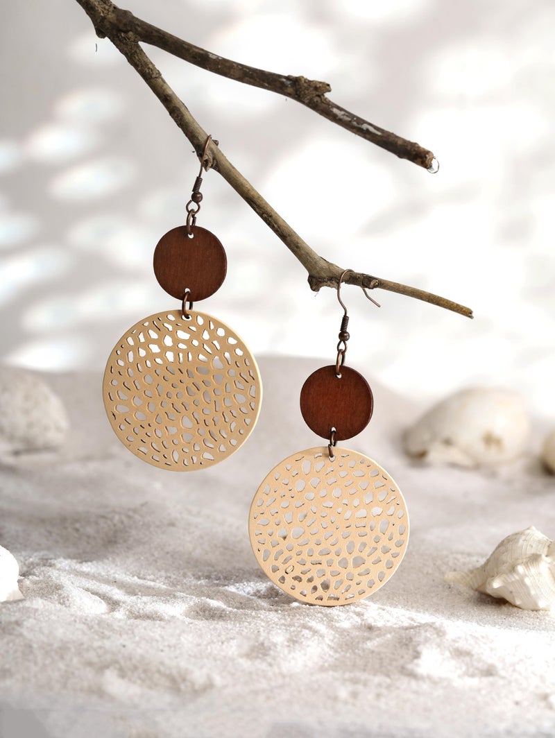 MINACHI Vintage Boho Tan Leather Cut-Out Oval Disc Dangle Drop Earrings with Wooden Accents, Bohemian Jewelry Gift for Women - Image 4