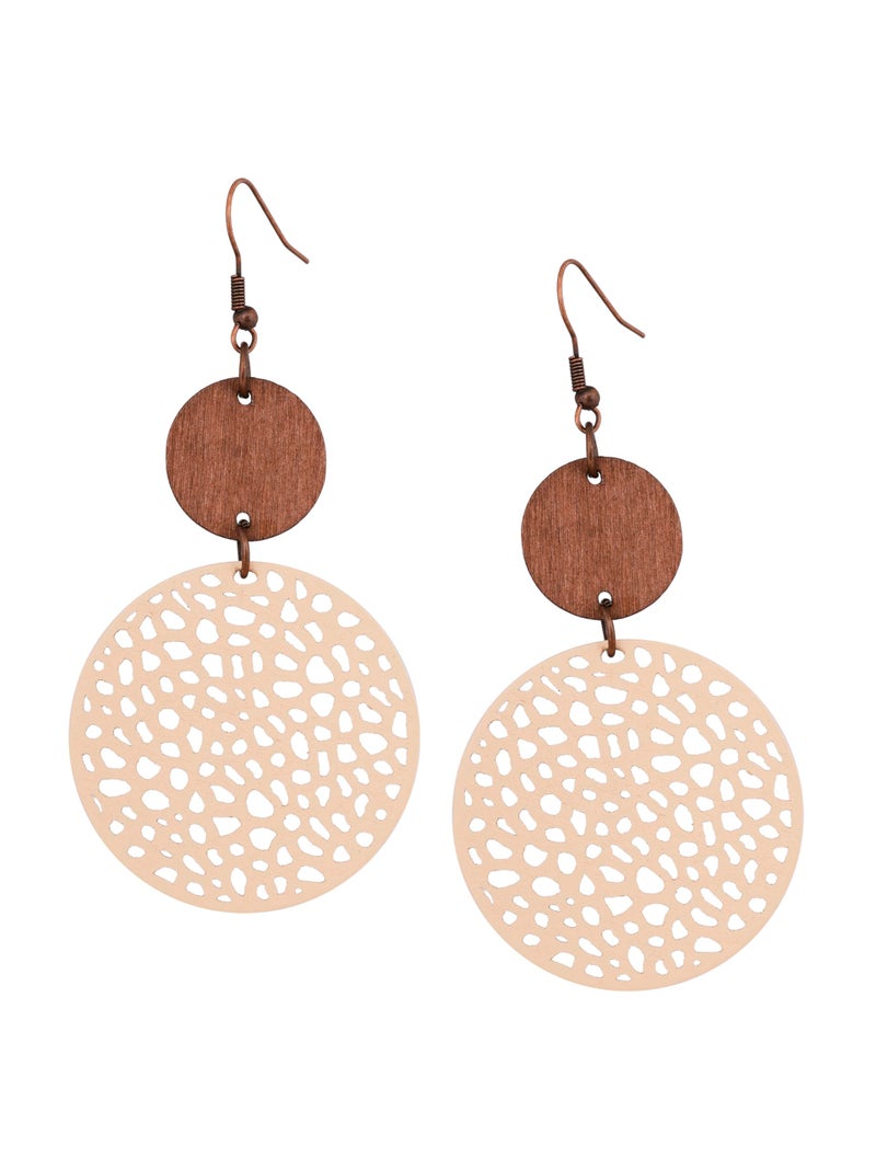 MINACHI Vintage Boho Tan Leather Cut-Out Oval Disc Dangle Drop Earrings with Wooden Accents, Bohemian Jewelry Gift for Women - Image 1