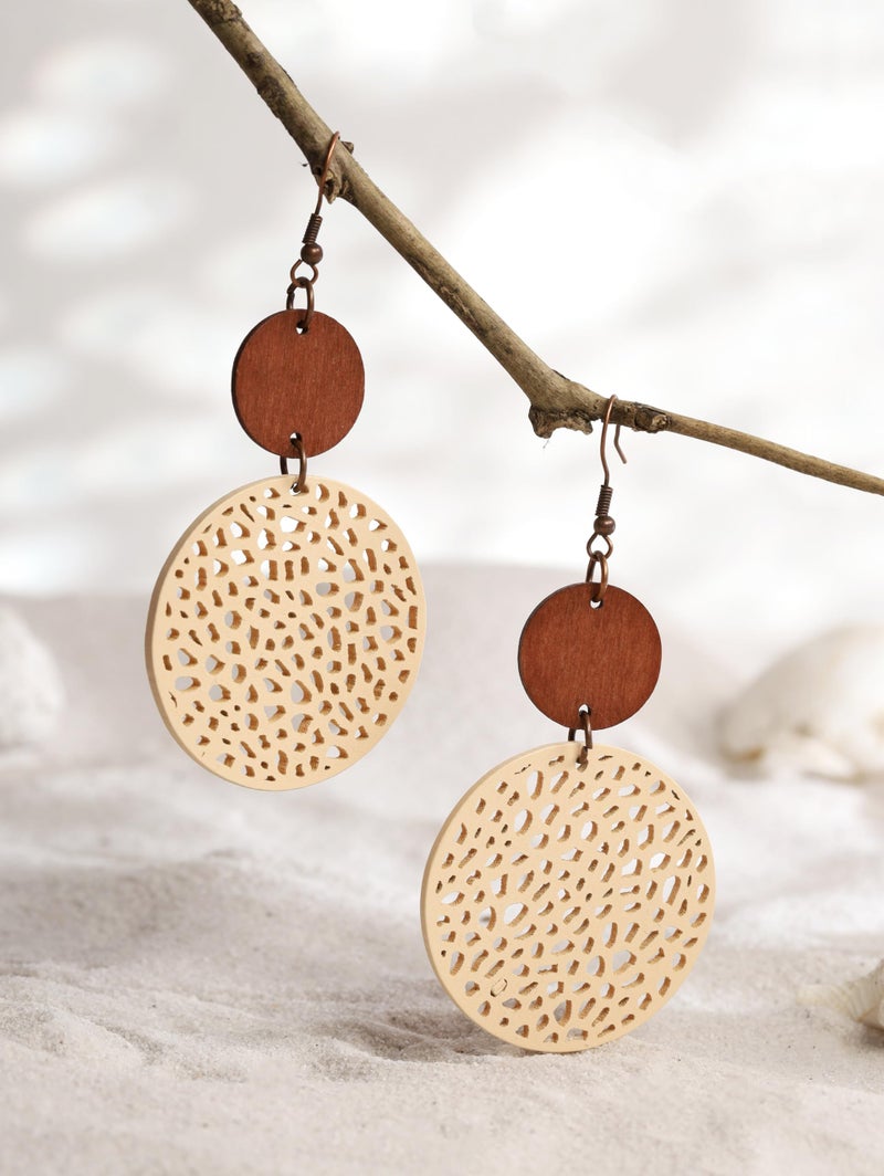 MINACHI Vintage Boho Tan Leather Cut-Out Oval Disc Dangle Drop Earrings with Wooden Accents, Bohemian Jewelry Gift for Women - Image 3