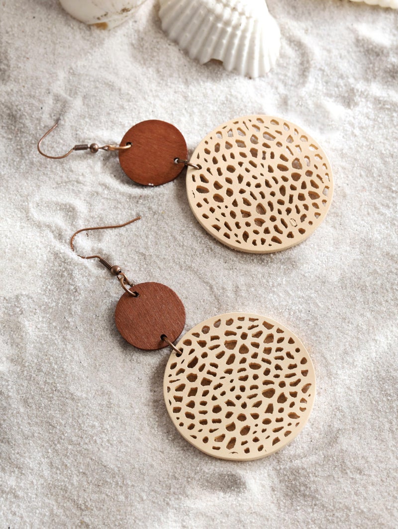 MINACHI Vintage Boho Tan Leather Cut-Out Oval Disc Dangle Drop Earrings with Wooden Accents, Bohemian Jewelry Gift for Women - Image 2