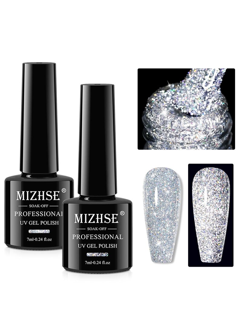 MIZHSE - MIZHSE Sparkly Gel Nail Polish 2PCS, Silver Glitter Gel Polish Reflective Shimmer Holographic Nail Art Soak Off UV Gels Nail DIY Manicure Set 7ml - Image 1