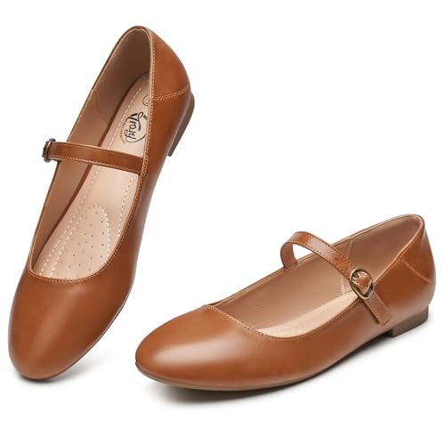 Trary Mary Jane Shoes Women, Ballet Flats for Women, Round Toe Brown Flats, Women Shoes Dressy Casual, Ankle Strap Flats Dress Brown Mary Janes Size 7 - Image 1