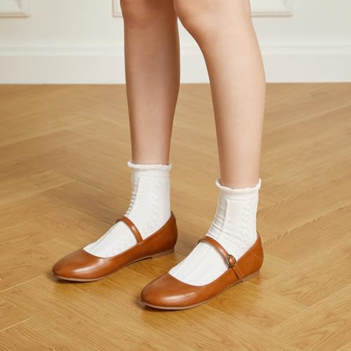 Trary Mary Jane Shoes Women, Ballet Flats for Women, Round Toe Brown Flats, Women Shoes Dressy Casual, Ankle Strap Flats Dress Brown Mary Janes Size 7 - Image 2