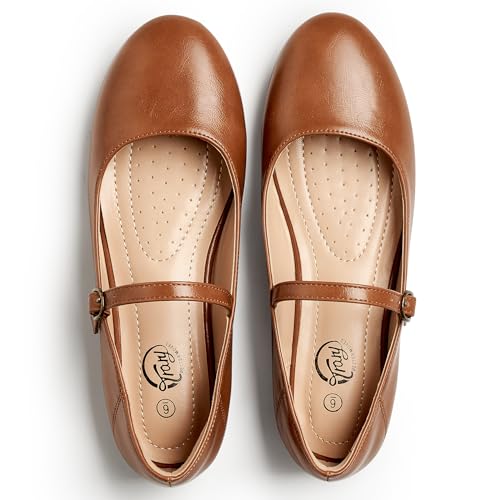 Trary Mary Jane Shoes Women, Ballet Flats for Women, Round Toe Brown Flats, Women Shoes Dressy Casual, Ankle Strap Flats Dress Brown Mary Janes Size 7 - Image 3