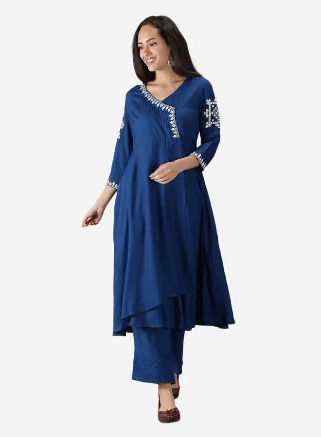 KASYA Blue Viscose Embroidered Wrap Kurta with Pant Set