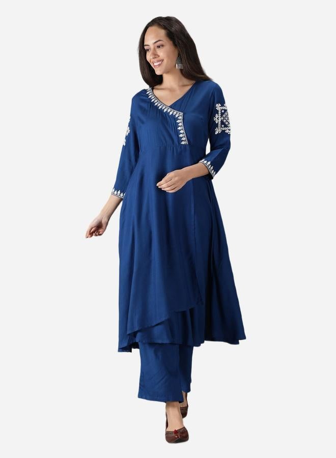 KASYA Blue Viscose Embroidered Wrap Kurta with Pant Set - Image 1