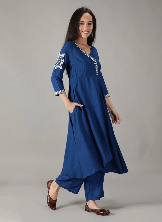 KASYA Blue Viscose Embroidered Wrap Kurta with Pant Set