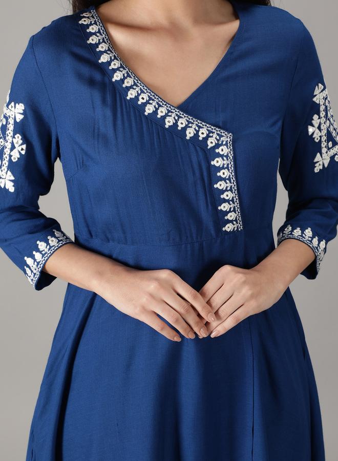KASYA Blue Viscose Embroidered Wrap Kurta with Pant Set - Image 3