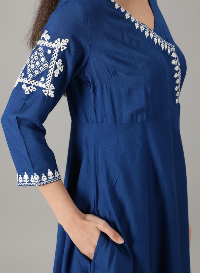 KASYA Blue Viscose Embroidered Wrap Kurta with Pant Set - Image 4