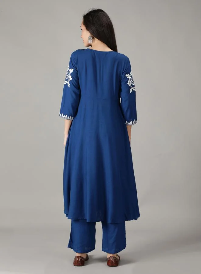 Kasya  Blue Viscose Embroidered Wrap Kurta with Pant Set for Women | Best Price UAE