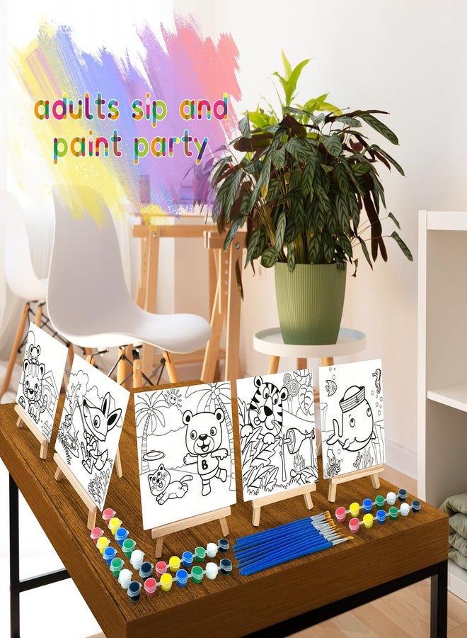 SytuHete 48PCS 12 Sets Printed Canvas Paint Art 12 Pcs Wooden Easel Set Paint Pots and Brushes and 12 Pre Drawn Canvas Panel 12 Pcs Mini Apron and Tote Bag for Kids(Classic) - Image 5