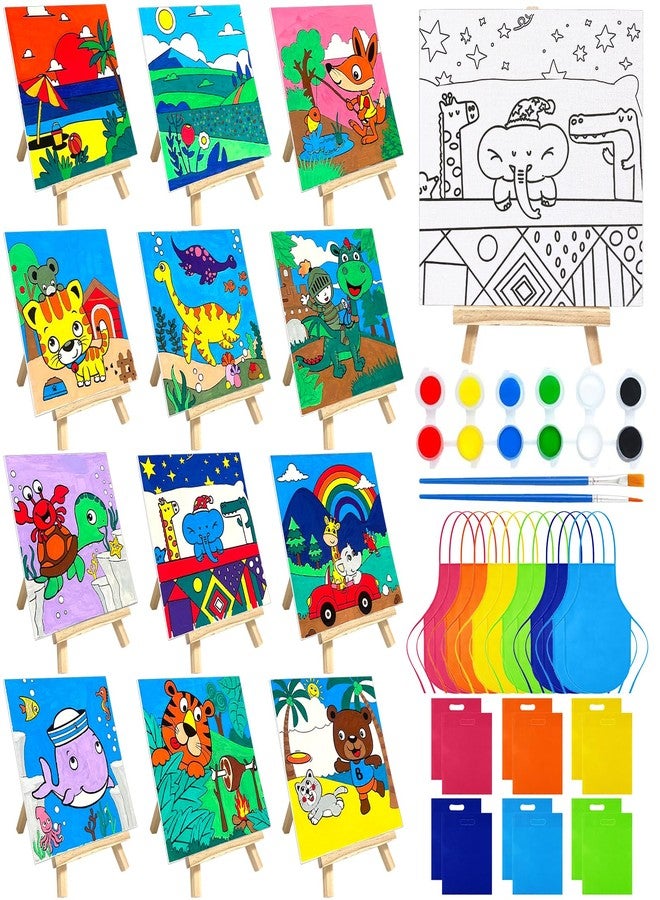 SytuHete 48PCS 12 Sets Printed Canvas Paint Art 12 Pcs Wooden Easel Set Paint Pots and Brushes and 12 Pre Drawn Canvas Panel 12 Pcs Mini Apron and Tote Bag for Kids(Classic) - Image 1