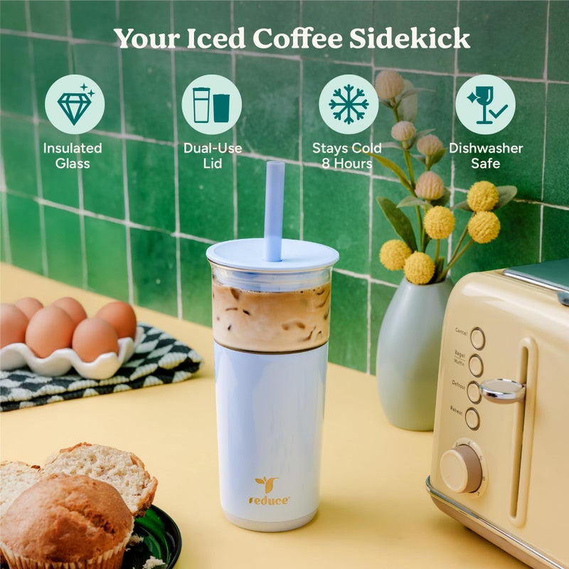 REDUCE Aspen 20 oz Vacuum Insulated Glass Tumbler with Lid & Extra Wide Straw - Keeps Drinks Cold for 12 Hrs - Ideal for Iced Coffee, Smoothies & Boba - Dishwasher Safe, Soft Base - Matcha - Image 2