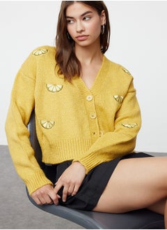 trendyol Yellow Soft Textured Embroidery Detailed V-Neck Knitwear Cardigan TWOAW24HI00237  - Image 1