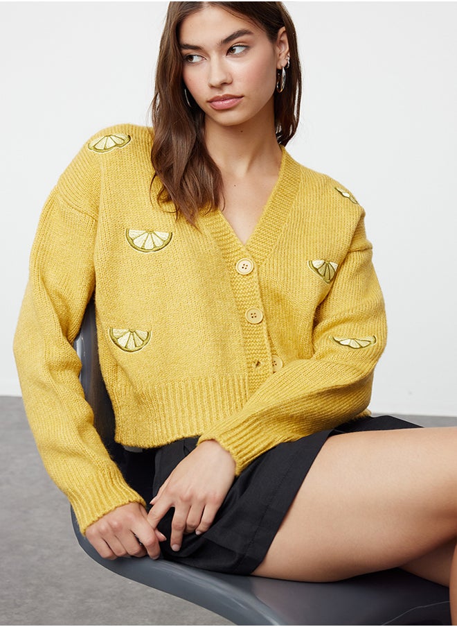 trendyol Yellow Soft Textured Embroidery Detailed V-Neck Knitwear Cardigan TWOAW24HI00237  - Image 1