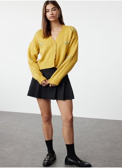 trendyol Yellow Soft Textured Embroidery Detailed V-Neck Knitwear Cardigan TWOAW24HI00237  - Image 2