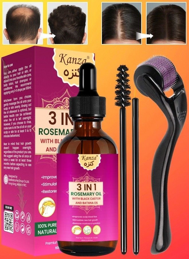 Kanza زيت إكليل الجبل 3 في 1 وزيت الخروع الأسود وزيت الباتانا مع ديرما رولر للعناية بالشعر وبلسم الشعر وزيت للشعر الخفيف وإصلاح الشعر التالف وتغذية الشعر الخفيف وفروة الرأس ونمو الشعر المتساقط ومناسب لجميع أنواع الشعر - Image 1