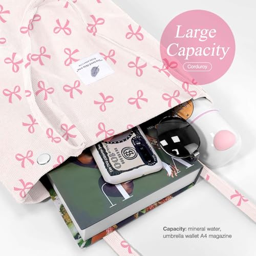 LHMTQVK Corduroy Tote Bags for Women, Large Capacity Corduroy Bag Reusable Grocery Shoulder Bag with Inner Pockets(Pink Ribbon) - Image 4