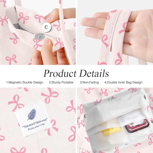 LHMTQVK Corduroy Tote Bags for Women, Large Capacity Corduroy Bag Reusable Grocery Shoulder Bag with Inner Pockets(Pink Ribbon) - Image 2