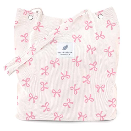 LHMTQVK Corduroy Tote Bags for Women, Large Capacity Corduroy Bag Reusable Grocery Shoulder Bag with Inner Pockets(Pink Ribbon) - Image 1