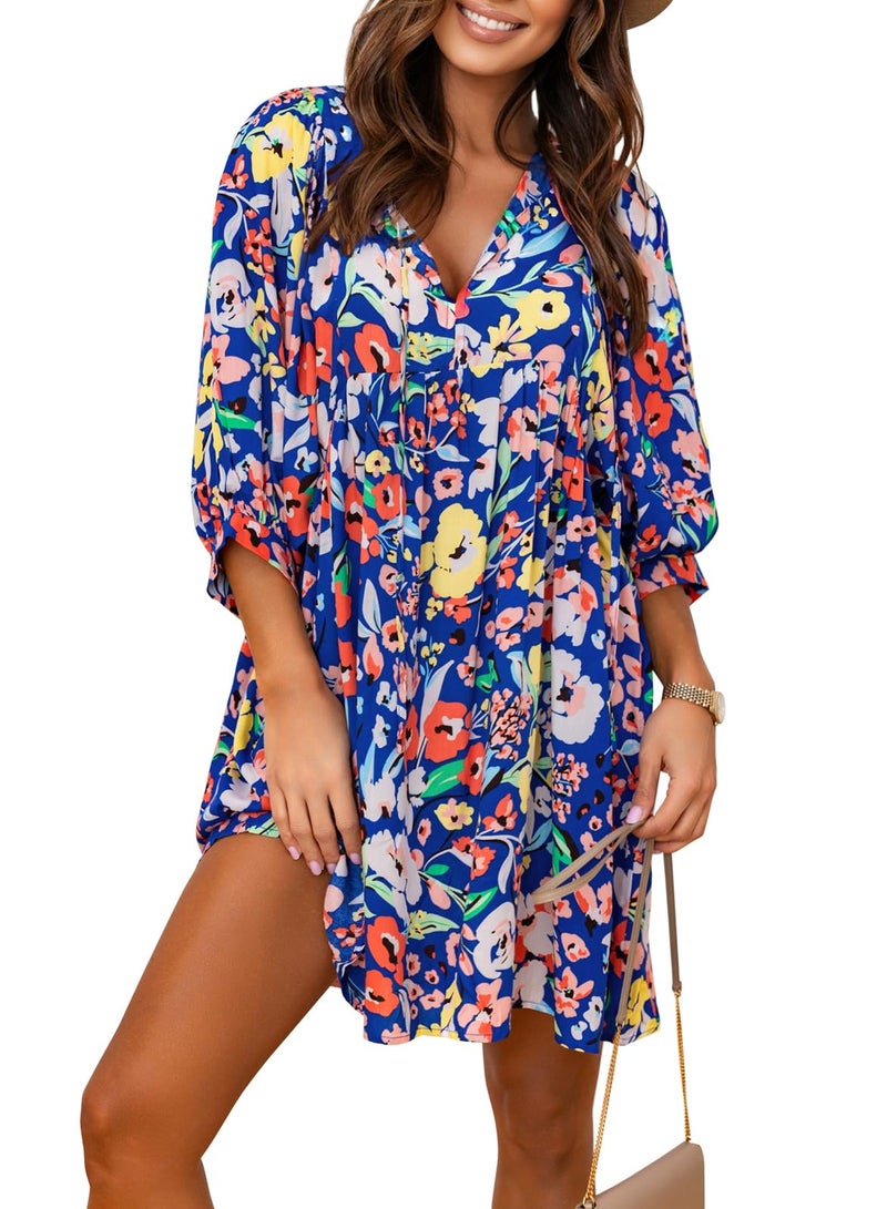 miduo Womens Casual Dress Summer Half Sleeve V Neck Floral Bohemian Babydoll Tunic Shift Mini Shirt Dress Short Dresses Garden L Multicoloured - Image 1