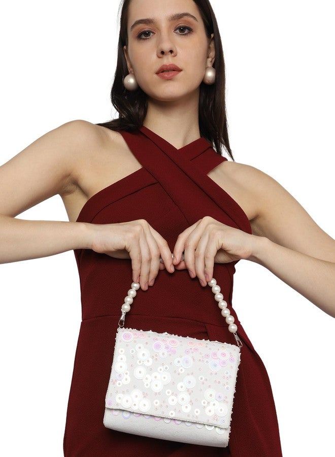 MARKQUES Sequence Embellished Rainbow Off-White Clutch Purse With Pearls Handles - Image 3