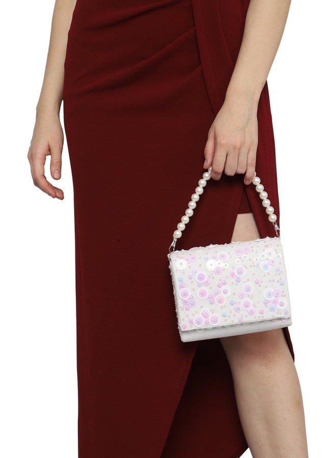 MARKQUES Sequence Embellished Rainbow Off-White Clutch Purse With Pearls Handles - Image 5
