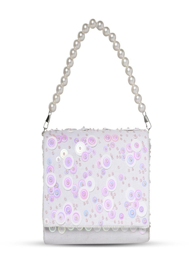 MARKQUES Sequence Embellished Rainbow Off-White Clutch Purse With Pearls Handles - Image 1