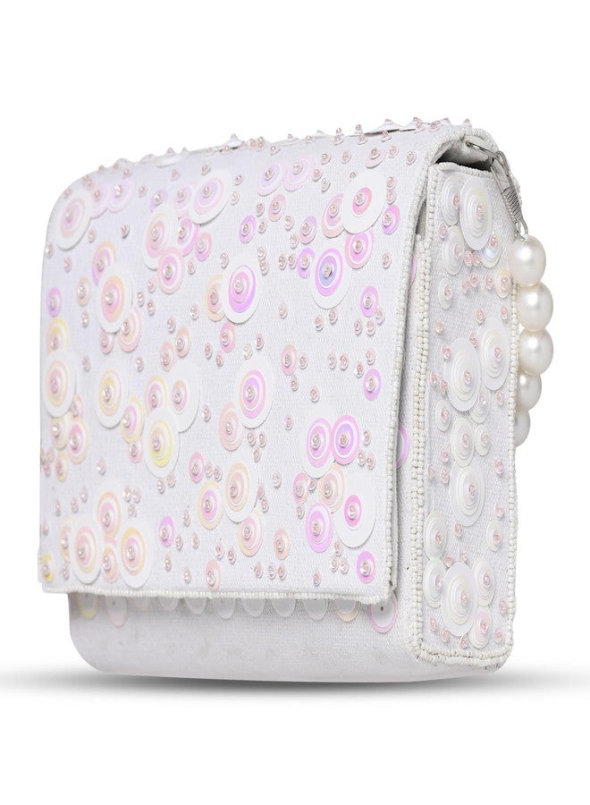 MARKQUES Sequence Embellished Rainbow Off-White Clutch Purse With Pearls Handles - Image 2