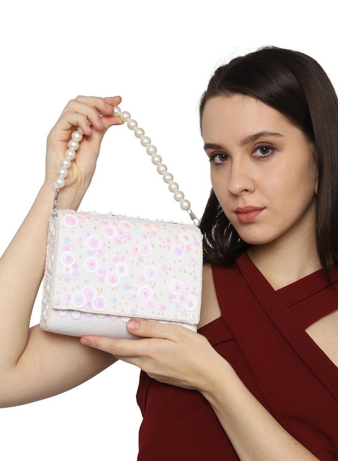 MARKQUES Sequence Embellished Rainbow Off-White Clutch Purse With Pearls Handles - Image 4