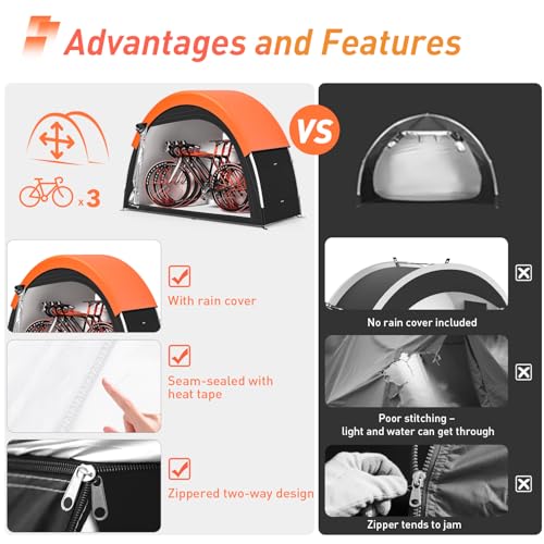 PZT Upgraded Bike Tent with Rain Cover, Portable Outdoor Storage Shed for 2-3 Bikes, 210D Oxford Fabric PU4000 Waterproof, Bike Shed/Bike Cover for Motorcycles, Garden Tools, Lawn Mower - Image 2