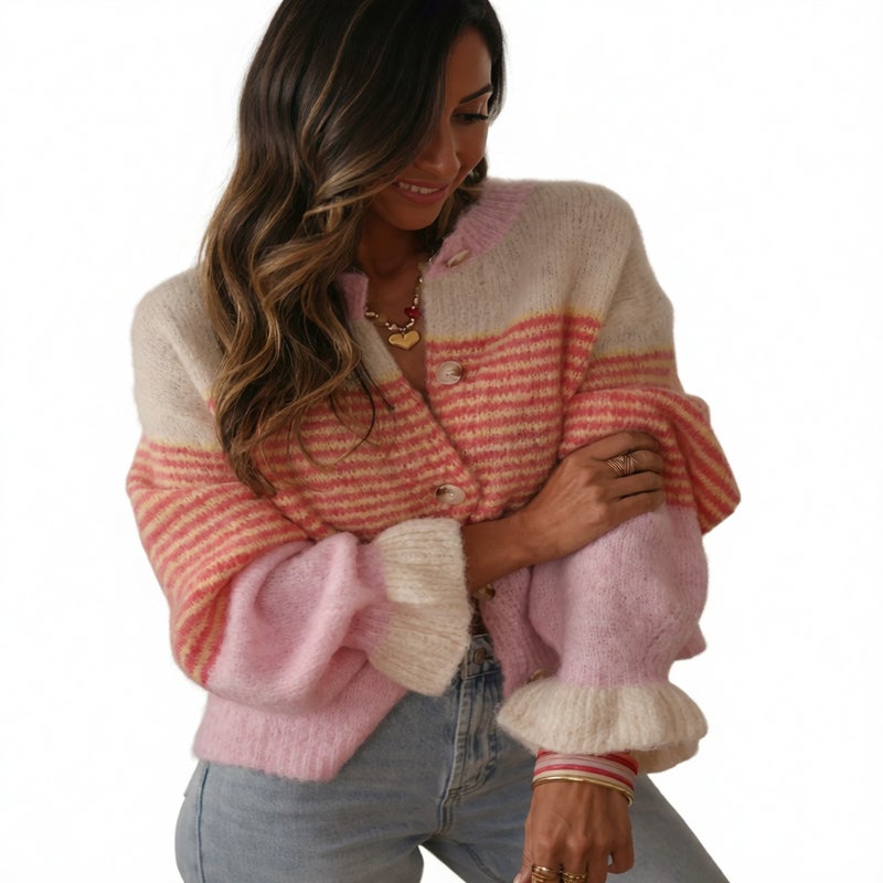 Knit Cardigan Casual Striped Single-Breasted Sweater - Image 3