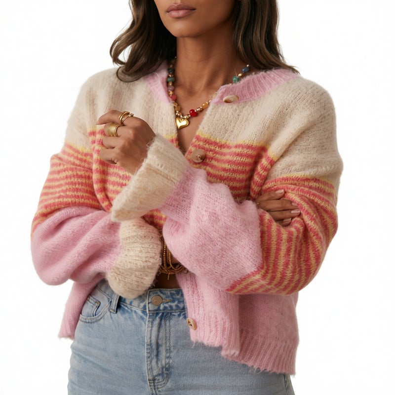 Knit Cardigan Casual Striped Single-Breasted Sweater - Image 1
